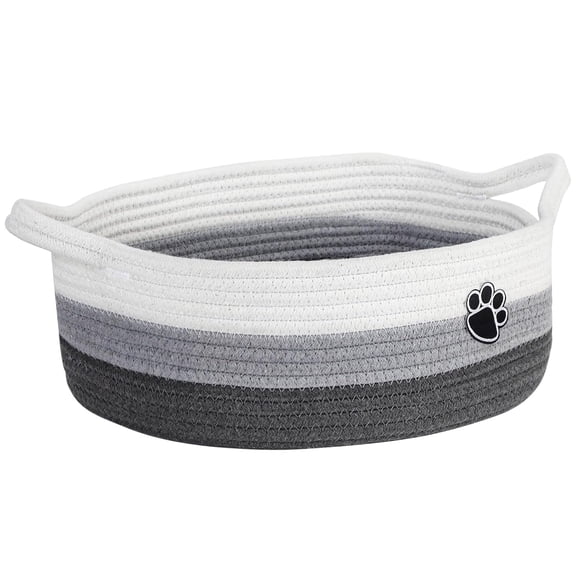Dog Toy Basket, Toy Box and Bin for Dog Cat Storage, 13.5" X 11" X 5"(15L) Small Woven Rope Basket for Baby Storage, Closet, Living Room, White & Grey
