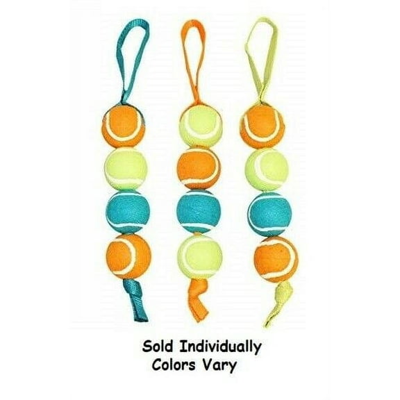 Dog Toy Four Tennis Ball Tug Tough Nylon Handle Fetch Play Colors Vary 16" Long
