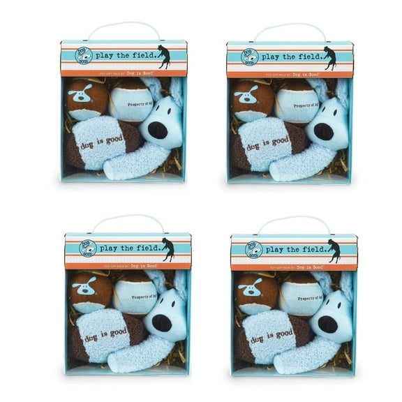 Dog Toy Gift Packs 4 Play the Field Assorted Toys Per Box Squeak Fetch Soft Chew (4 Boxes of Toys)