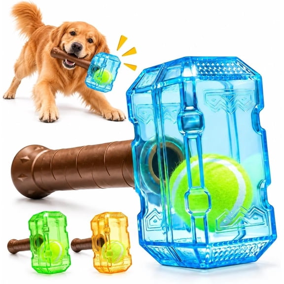 Dog Toy Hammer with Tennis Ball Inside, Squeaky TPR Chew Toy for Medium and Large Dogs (Blue