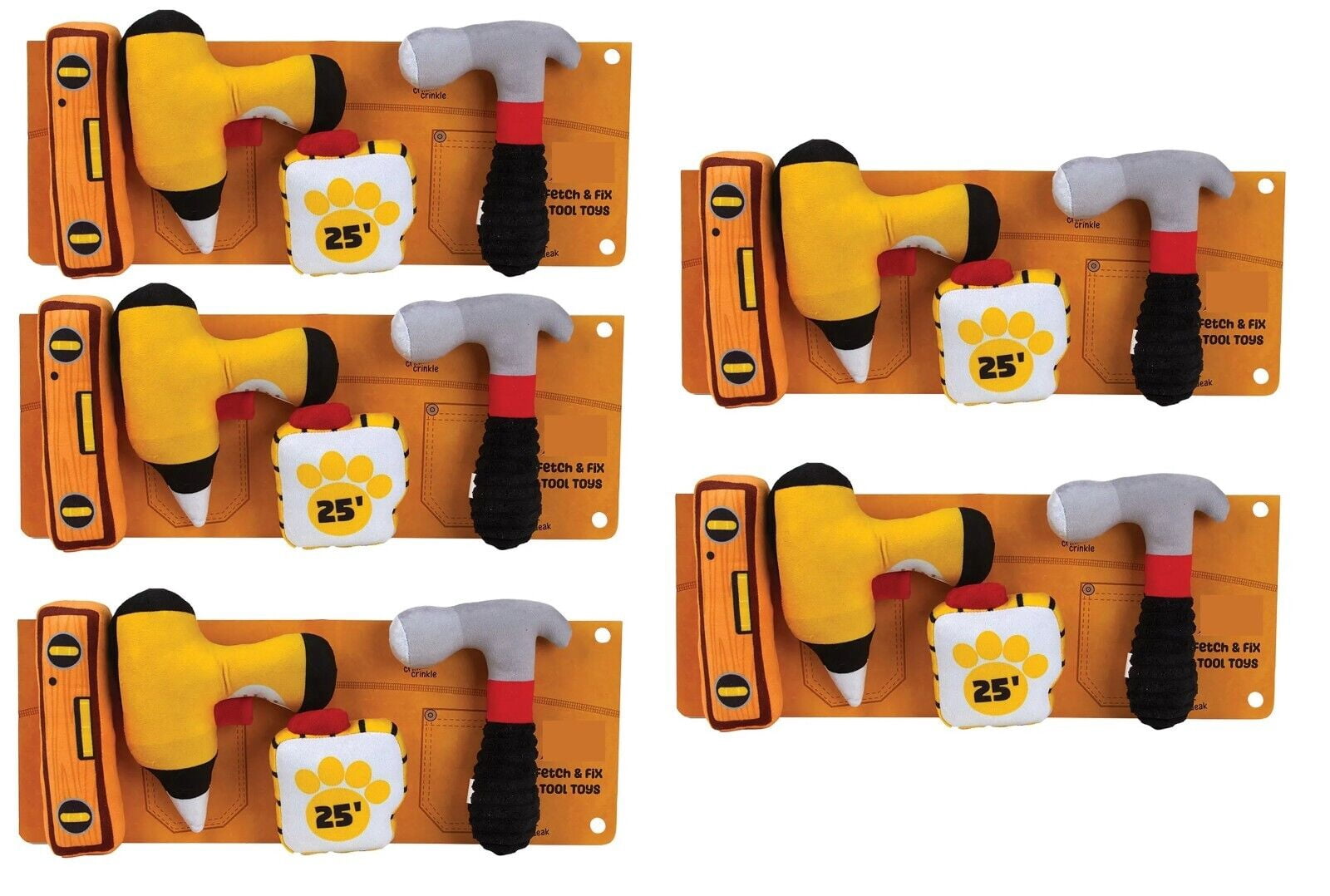 Dog Toy Pack 4 Tools in One Fetch and Fix Fun Hammer Measuring Tape Drill Level (Five Sets of Toys)