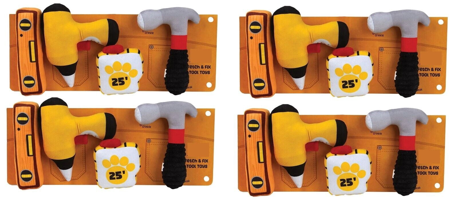Dog Toy Pack 4 Tools in One Fetch and Fix Fun Hammer Measuring Tape Drill Level (Four Sets of Toys)