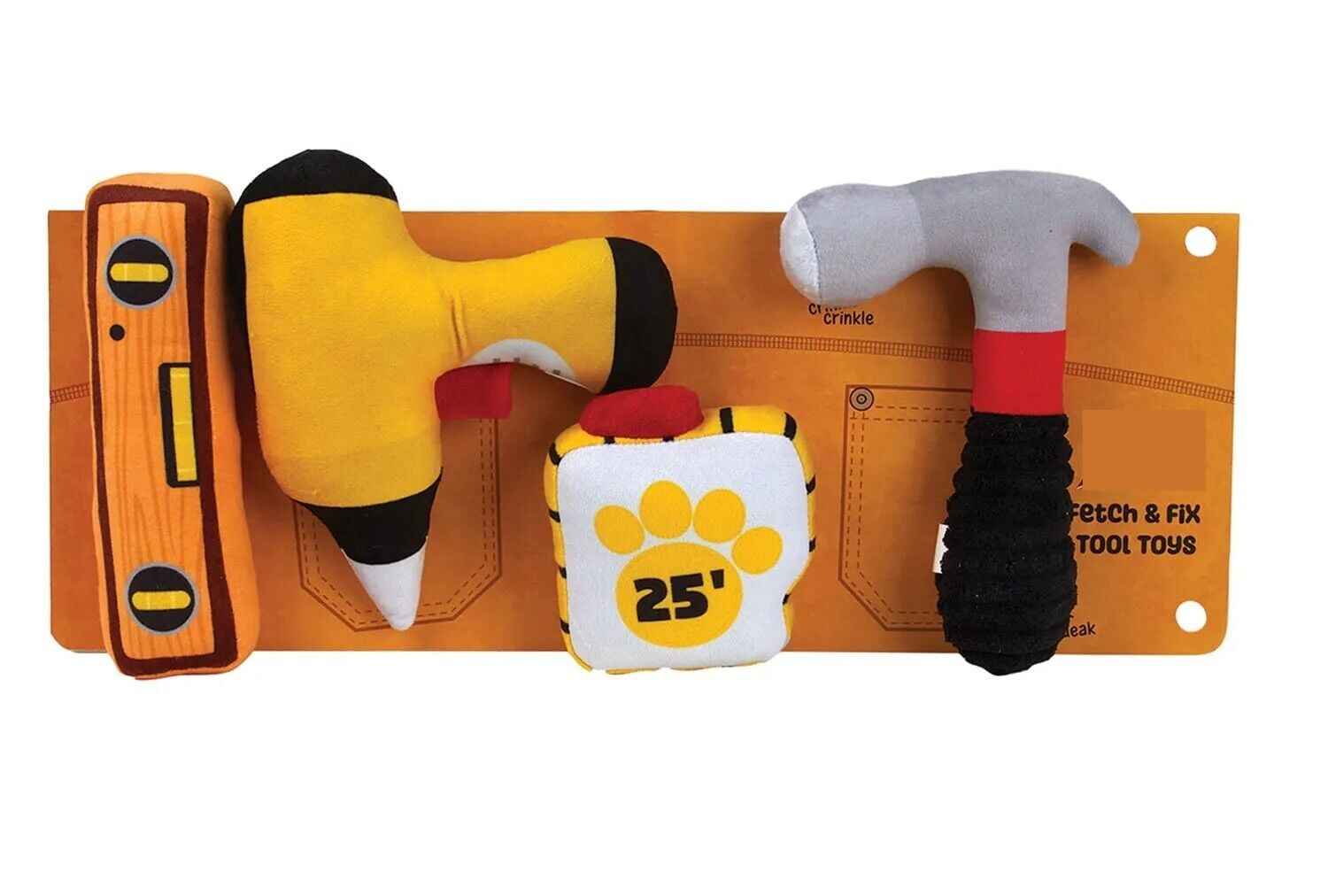 Dog Toy Pack 4 Tools in One Fetch and Fix Fun Hammer Measuring Tape Drill Level (One Set of Toys)
