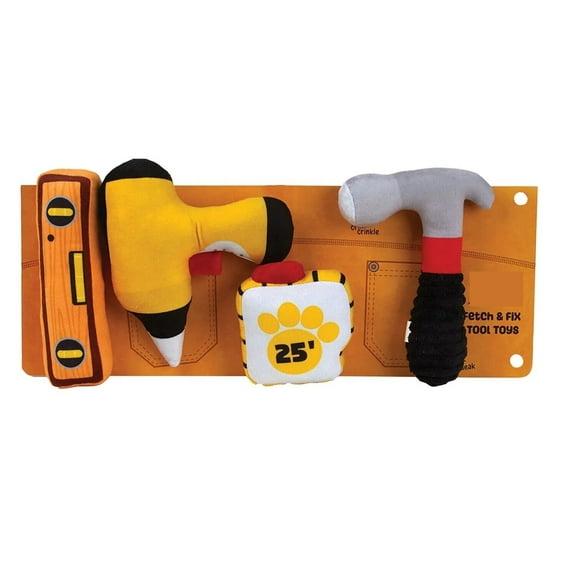 Dog Toy Pack 4 Tools in One Fetch and Fix Fun Hammer Measuring Tape Drill Level (One Set of Toys)