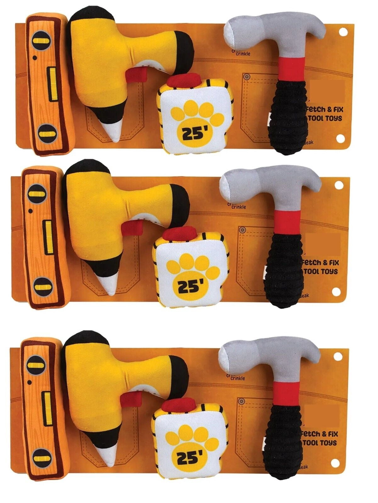Dog Toy Pack 4 Tools in One Fetch and Fix Fun Hammer Measuring Tape Drill Level (Three Sets of Toys)