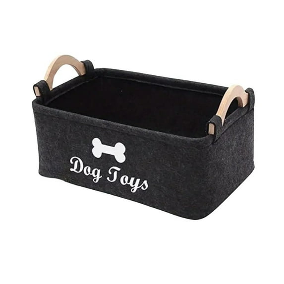 Dog Toy Storage Basket With Wooden Handles, Soft Plush Pet Supplies Organizer In Dark Gray For Home Pet Accessory Tidy-Up, Ideal For Organizing Dog Toys, Leashes, And Other Pet