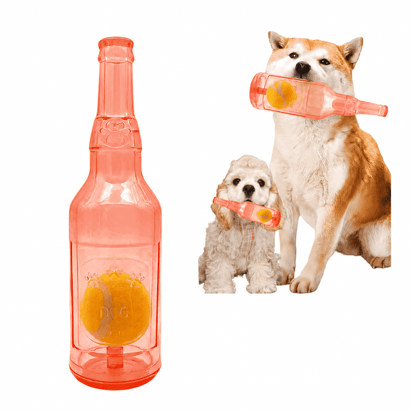 Dog Toy with Tennis Ball Inside, Squeaky Fetch & Chew Toy, Floating Water Bottle Shape, TPR Rubber Interactive Bouncy Design for Play & Training(Pink)