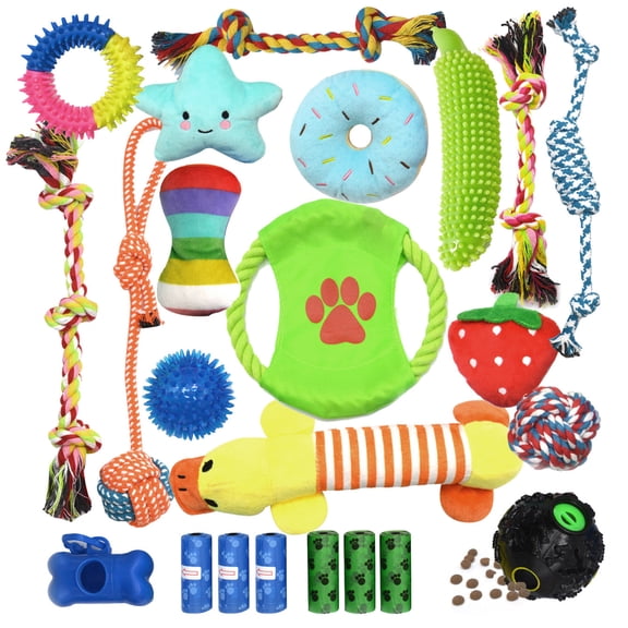 Dog Toys 23 Pack for Fun and Teeth Cleaning, Puppy Chew Toys Pack with Squeak Plush Toy,Squeaky Toy Balls,Tug of War and Rope Toys for Puppy to Small Dogs