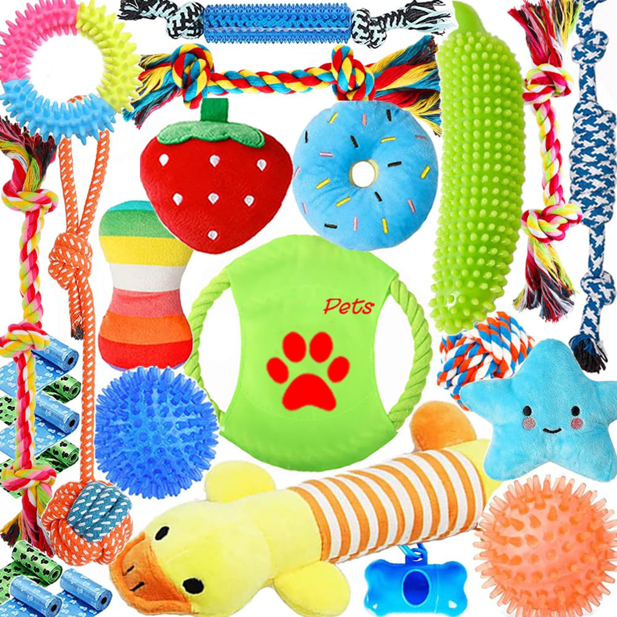 Dog Toys 25 Pack for Puppy and Small Dogs, Squeaky Plush Toys, Chew Toys for Teething, Rope Toys for Tug of War, Interactive Playtime, Multicolor