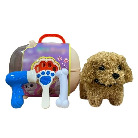 Dog Toys for Kids Girls, Walking and Barking Electronic Interactive Plush Puppy Toy Set and Pet Care Toy Set Accessories, Pretend Playset for Toddlers(Brown)