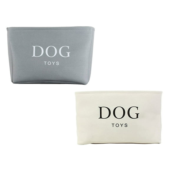 Dog Toys Rectangular Canvas 7x16x12 Inches Storage Basket Organizer Bin Box with Handles, For Blankets, Towels, Toys - White & Gray - 2 Pack