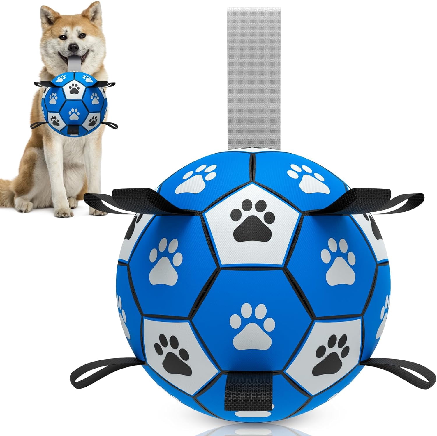 Dog Toys Soccer Ball with Straps, Outdoor Interactive Dog Toys for Tug of War, Puppy Birthday Gifts