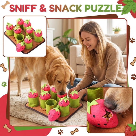 Dog Toys, Strawberry Snuffle Mat for Dogs, Interactive Dog Plush Puzzle Toys, Non-Slip Nosework Feed Games, Pet Stress Relief with 8 Strawberry