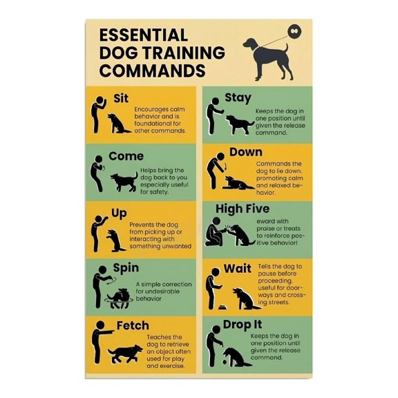 Dog Training Commands Poster Visual Chart with Hand Signals Perfect Guide for New Pet Owners Veterinary Clinic Home Office Wall Decor