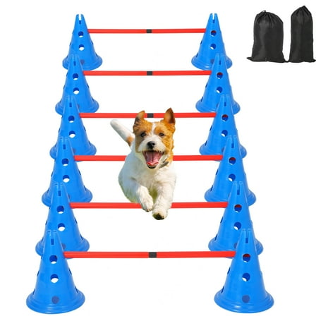 Dog Training Set with Adjustable Hurdles - 12 Cones, 6 Bars & Carry Bag for Beginner/Advanced Dogs (Indoor/Outdoor Use)