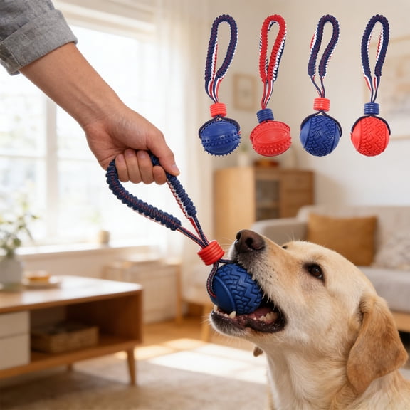 Dog Training Tire Ball Toy | Elastic Rope Chew Ball for Interactive Play, Teething Relief | Durable Rubber Construction, Blue/Red 29x7cm | Massaging Bumps, Indoor/Outdoor Use