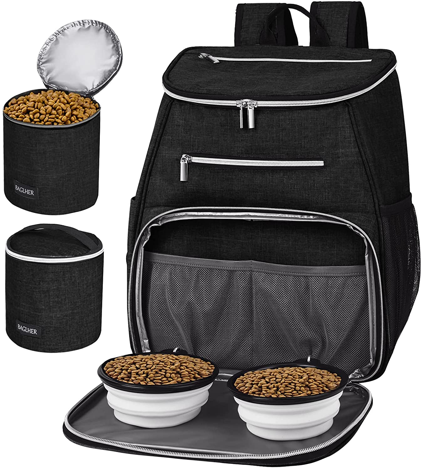 丨Dog Travel Bag Backpack, Airline Approved Pet Supplies Backpack, Dog Travel Bag with 2 Silicone Collapsible Bowls and 2 Food Baskets, Black