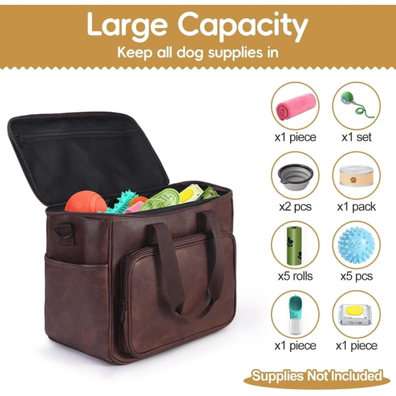Dog Travel Bag, Leather Travel Pet Bag Set for Dog and Cat, Airline Approved Tote Organizer with Multi-Function Pockets, 2 Food Storage Containers, 2 Collapsible Bowls