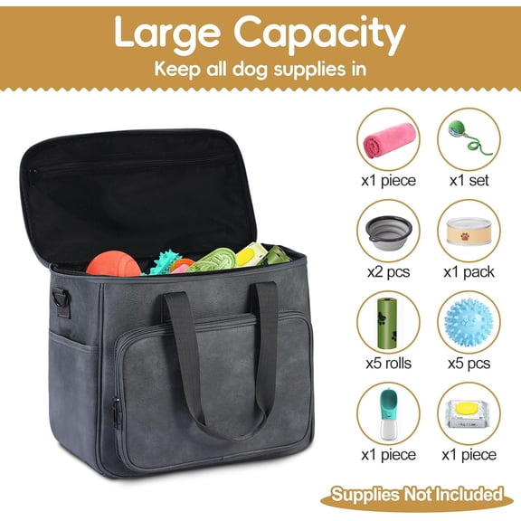 Dog Travel Bag, Leather Travel Pet Bag Set for Dog and Cat, Airline Approved Tote Organizer with Multi-Function Pockets, 2 Food Storage Containers, 2 Collapsible Bowls