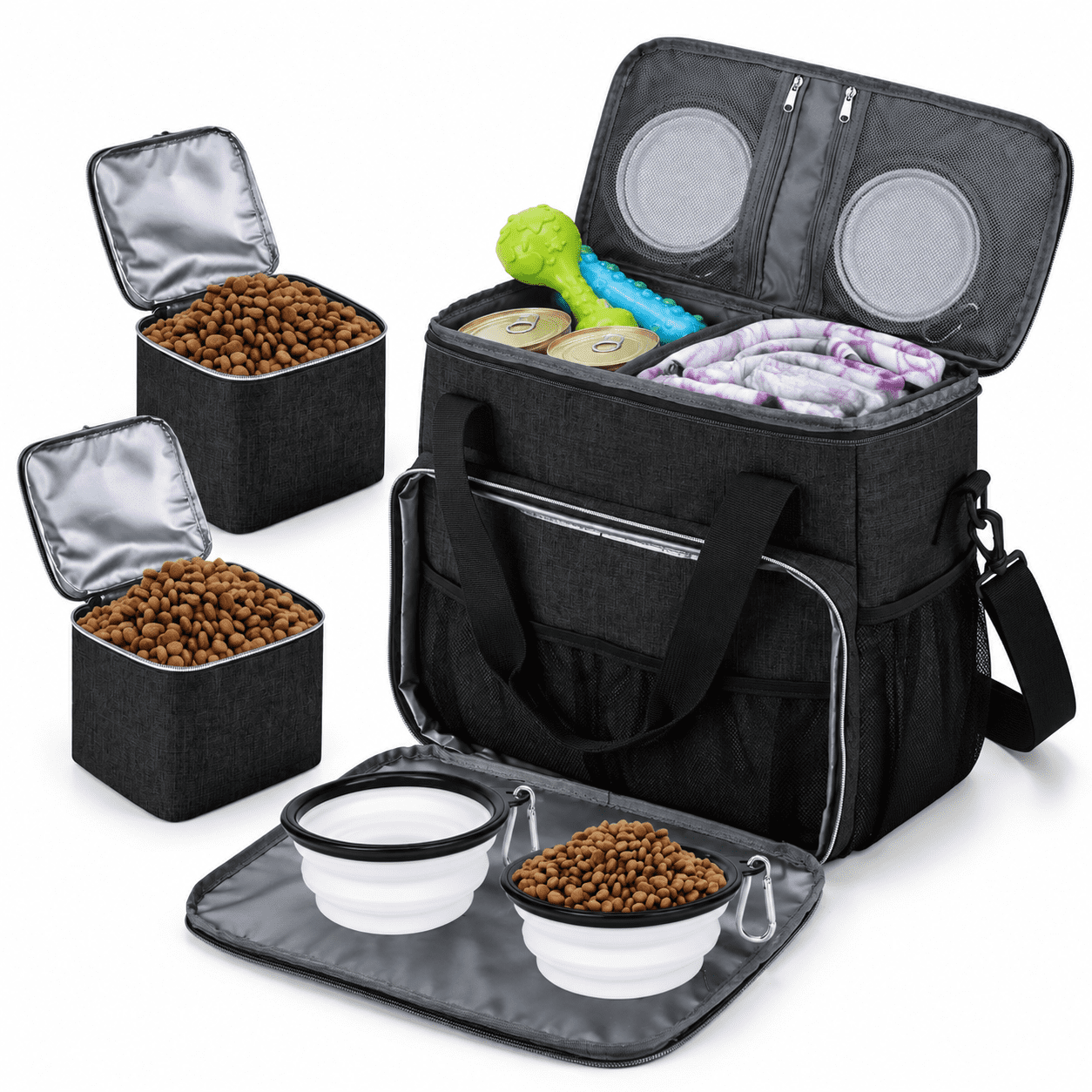 Dog Travel Bag Pet Kit with Food Containers Collapsible Black Medium ...
