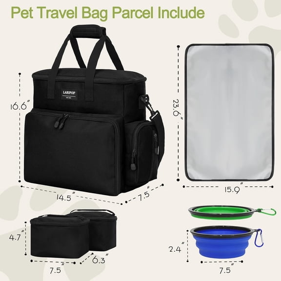Dog Travel Bag Set with Collapsible Bowls & Food Containers, Airline Approved Pet Tote for Dogs & Cats