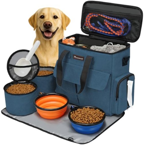 Dog Travel Bag Weekend Pet Travel Set for Dog and Cat Airline Approved Tote Organizer with Multi-Function Pockets 2 Food Storage Containers 2 Collapsible Bowls 1 Feeding Mat Blue