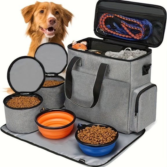 Dog Travel Bag, Weekend Pet Travel Set for Dog and Cat, Airline Approved Tote Organizer with Multi-Function Pockets, 2 Food Storage Containers, 2 Collapsible Bowls, 1 Feeding Mat (Grey)