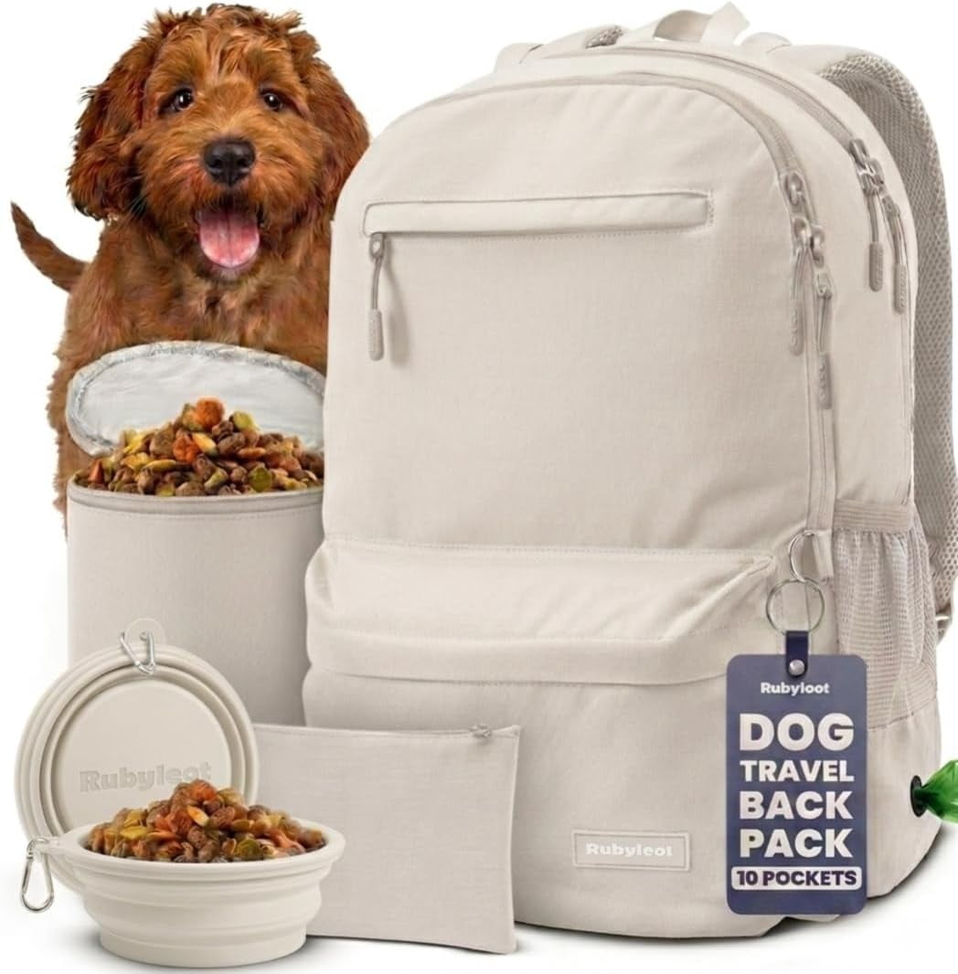 Dog Travel Bag for Supplies - Backpack with 2 Collapsible Dog Bowls, Food Bag, Treat Pouch: Beige