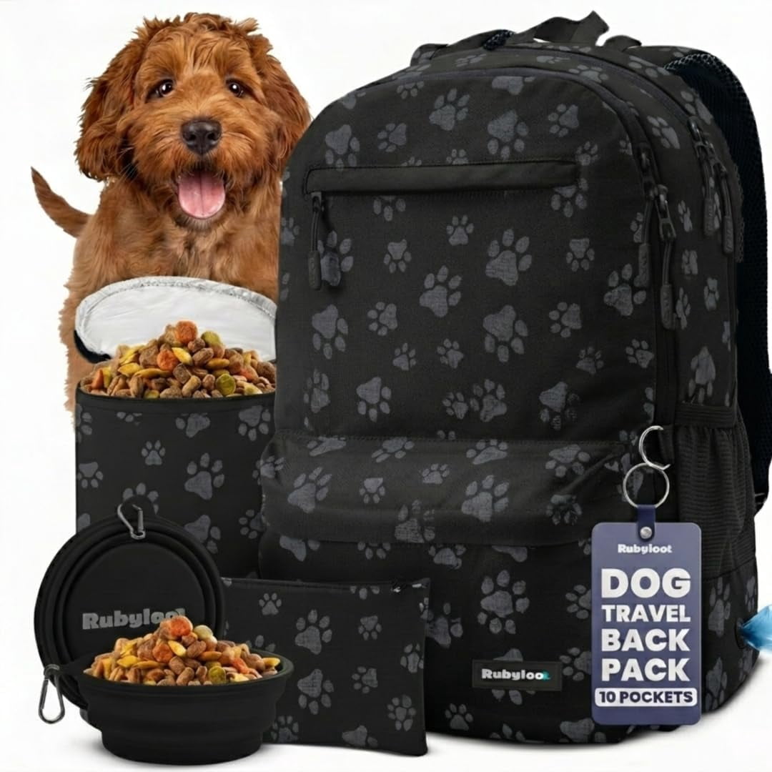 Dog Travel Bag for Supplies - Backpack with 2 Collapsible Dog Bowls, Food Bag, Treat Pouch: Black Paw Print
