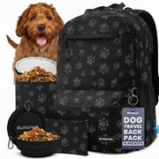Dog Travel Bag for Supplies - Backpack with 2 Collapsible Dog Bowls, Food Bag, Treat Pouch Black Paw Print