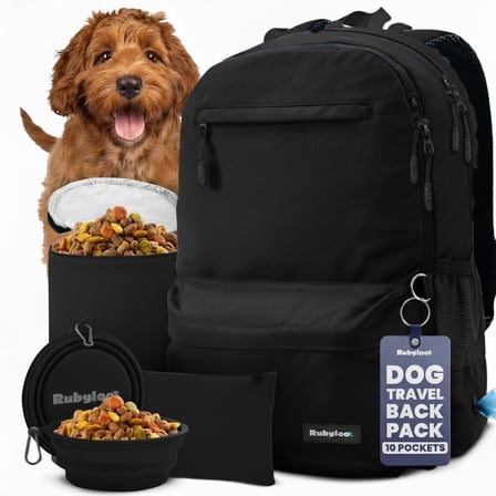 Dog Travel Bag for Supplies - Backpack with 2 Collapsible Dog Bowls, Food Bag, Treat Pouch: Black