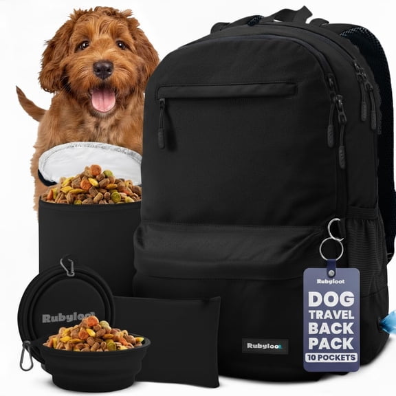 Dog Travel Bag for Supplies - Backpack with 2 Collapsible Dog Bowls, Food Bag, Treat Pouch: Black