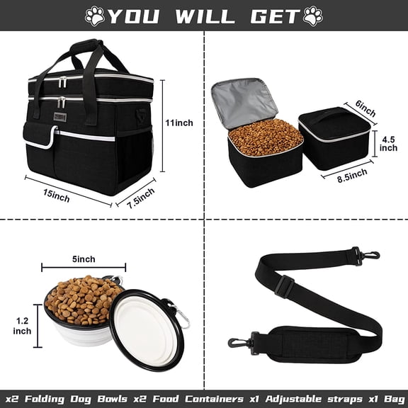 Dog Travel Bag for Supplies - Double-Layer Airline Approved Pet Organizer Set with Food Containers and Collapsible Bowls