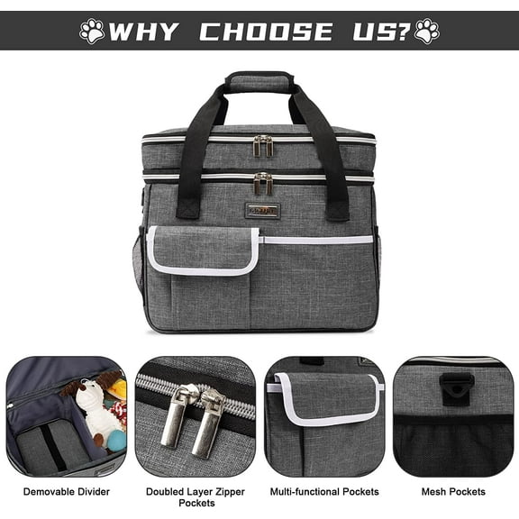 Dog Travel Bag for Supplies - Double-Layer Airline Approved Pet Travel Organizer Set with 2 Food Containers & 2 Collapsible Bowls