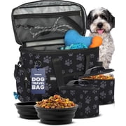 The Original Doggy Bag  - Dog Travel Bag for Supplies with 2 BPA-Free Travel Bowls and 2 Food Containers, Black Paw Print