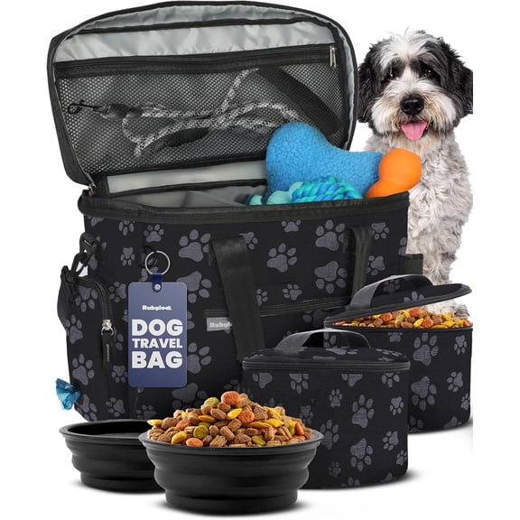 Dog Travel Bag for Supplies with 2 BPA-Free Travel Bowls and 2 Food Containers, Blk Paw