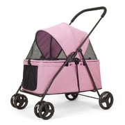 Dog Travel Stroller with 4 Heavy Duty Wheels, Foldable Pet Stroller with Adjustable Handle - Double Doggie Capacity Jogger Wagon with Back Front Door for Small Medium Dogs Pink