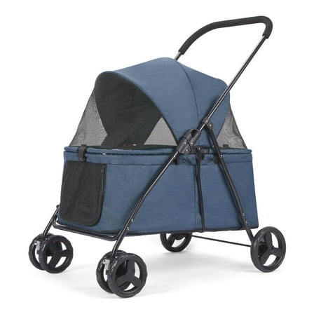 Dog Travel Stroller with 4 Heavy Duty Wheels, Lightweight Foldable Pet Stroller with Mesh Window - Large Capacity Jogger Wagon for Small Medium Dogs Outdoor (Navy)