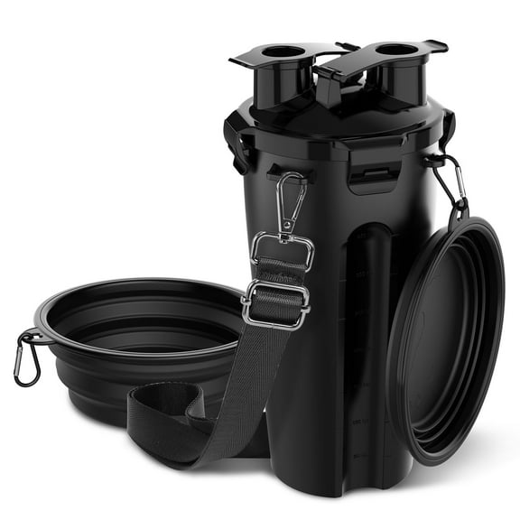 Dog Travel Water Bottle Collapsible Bowls, 2 in 1 Pet Food Container with Collapse Bowls, Outdoor Portable Water Bowls for Walking, Traveling, Camping and Hiking (Black)