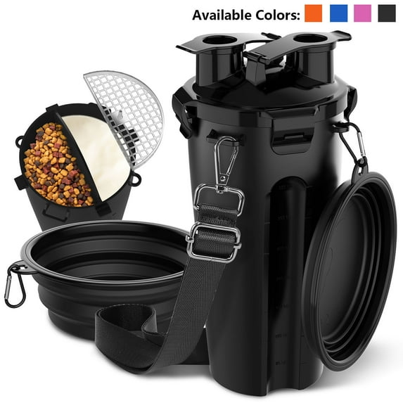 Dog Travel Water Bottle with Collapsible Bowls, Portable 2 in 1 Leakproof Pet Water Bottle Dispenser & Food Treat Container, Outdoor Food Water Dog Bowls for Walking, Trips, Camping & Hiking - Black