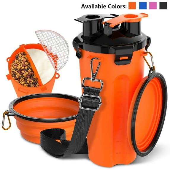 Dog Travel Water Bottle with Collapsible Bowls, Portable 2 in 1 Leakproof Pet Water Bottle Dispenser & Food Treat Container, Outdoor Food Water Dog Bowls for Walking, Trips, Camping & Hiking - Orange