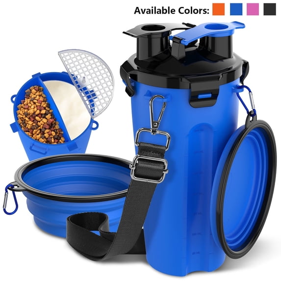 Dog Travel Water Bottle with Collapsible Bowls, Portable 2 in 1 Leakproof Pet Water Bottle Dispenser & Food Treat Container, Outdoor Food Water Dog Bowls for Walking, Trips, Camping & Hiking - Blue