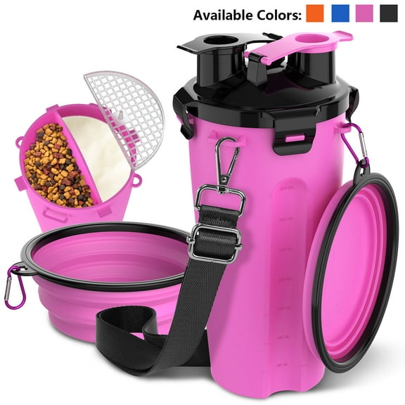 Dog Travel Water Bottle with Collapsible Bowls, Portable 2 in 1 Leakproof Pet Water Bottle Dispenser & Food Treat Container, Outdoor Food Water Dog Bowls for Walking, Trips, Camping & Hiking - Pink