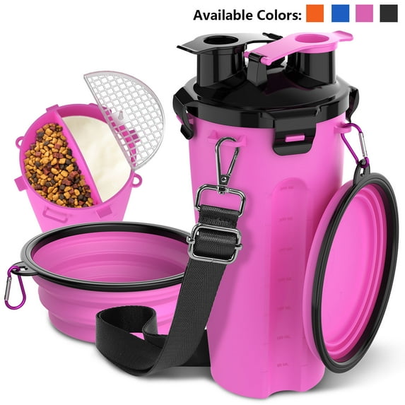 Dog Travel Water Bottle with Collapsible Bowls, Portable 2 in 1 Leakproof Pet Water Bottle Dispenser & Food Treat Container, Outdoor Food Water Dog Bowls for Walking, Trips, Camping & Hiking - Pink