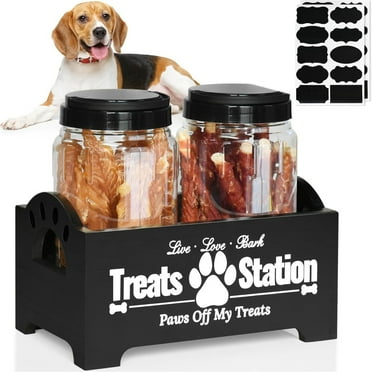 Dog Treat Container Dog Food Container for Dog Food Storage, Farmhouse Cat Food Container Pet Food Storage Organizer, Wood Dog Treat Holder with 2 Plastic Cat Dog Treat Jars, Cat Treat Container