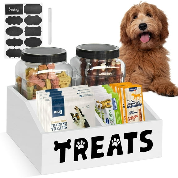 Dog Treat Container, Dog Food Storage Container with 2 Plastic Dog Treat Jars, Farmhouse Cat Food Container Cookie Jar, Pet Food Storage Containers for Dog and Cat, Wood Cat Treat Container(White)