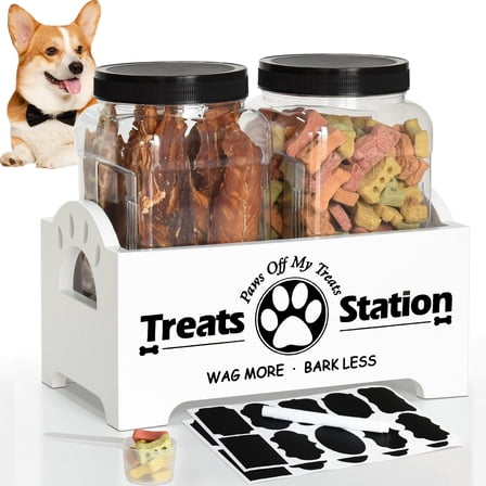Dog Treat Container Dog Food Storage Container for Countertop, Cat Food Storage Container with 2 Plastic Dog Treat Jar, Dog Food Storage Container for Dog and Cat, Black Wooden Dog Food Container