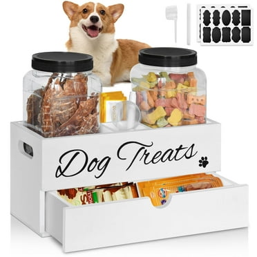 Dog Treat Container, Dog Food Storage Container for Countertop, Dog Treat Holder with 2 Plastic Dog Treat Jars, White Pet Food Storage Containers with Drawer for Puppy, Great Gift for Pet Dog Owners