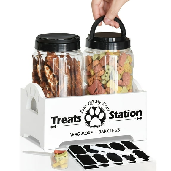 Dog Treat Container - Includes 2 Treat Jar, 1 Whiteboard Marker, 1 Spoon, Wooden Dog treat container for Countertop, Storage Basket For Pets, Dog Treat Station, with Reusable Sticker & Marker, White