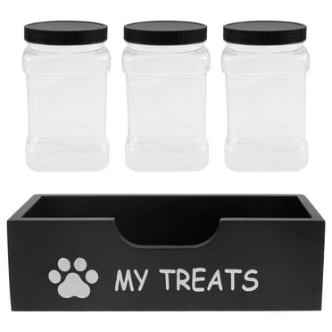 Dog Treat Container Wood Dog Treat Holder with 3 Plastic Jars Reusable Cat Food Container Decorative Pet Food Container for Pet Owner and Pet Lover